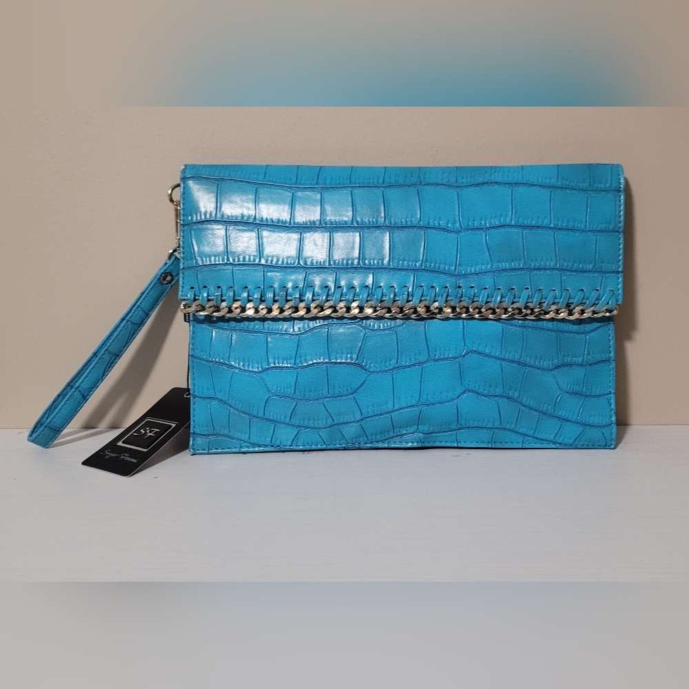 NEW Sergio Feretti Turquoise Clutch/Crossbody, Shoulder, Crocodile Embossed Bag